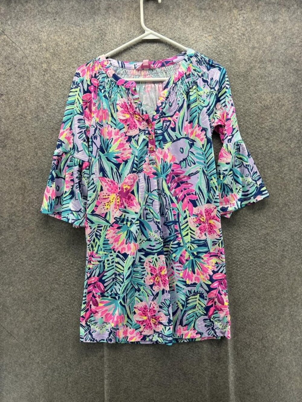 Lilly Pulitzer Dress Womens XXS Multicolor Tropical Henley 3/4 Bell Sleeve Short